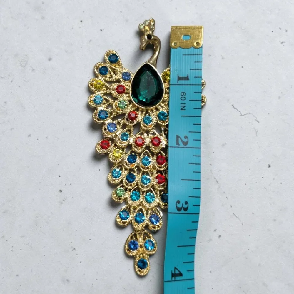 Colorful Rhinestone Peacock Brooch, Gold Tone, Maximalist Statement Bird Pin